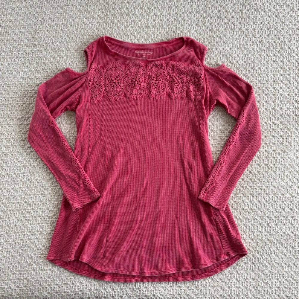 Soft Surroundings Cold Shoulder Top Crochet Trim Waffle Knit Red Large